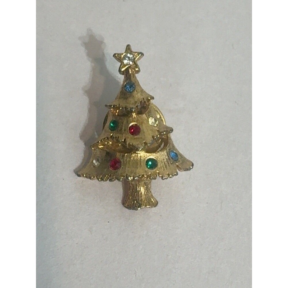 Vintage Rhinestone Christmas Tree Brooch Gold Tone Multicolor Dimensional Pin